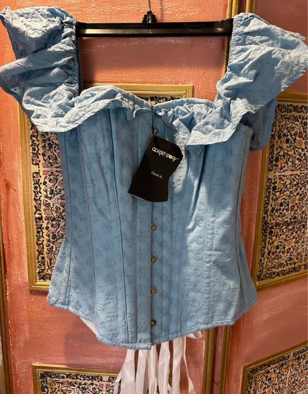 Corset Story Cornflower Blue Cotton Corset UK10 Frill Shoulder Top New